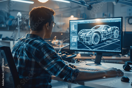 CAD designer creating detailed blueprints for new vehicle models.