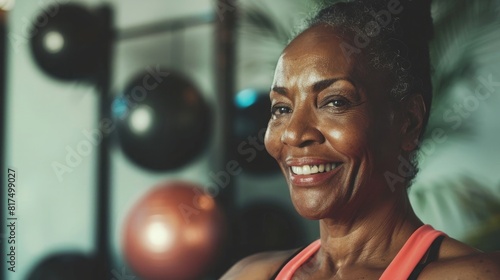 Professional Portrait of an active black African American mature woman smiling and doing fitness pilates at her home gym