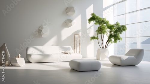 The minimalist living room is furnished with a white sofa, chair, and ottoman. A large tree in a white planter sits in front of the window.