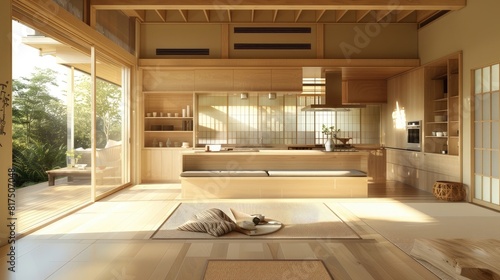 Modern Japanese minimalist interior design kitchen and living room ,sleek tatami mats meet plush rugs, light wood blends with earthy ceramics, and hidden shoji screens reveal a minimalist kitchen 