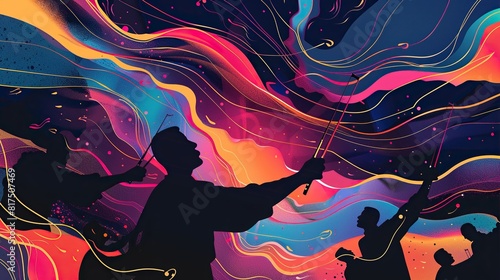 Gradient of sunset colors, with abstract silhouettes of conductors hands guiding the musics flow, - 