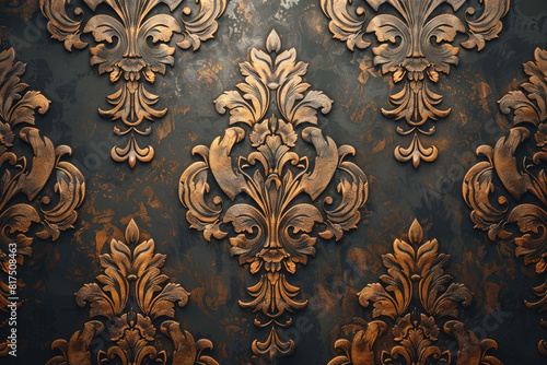 Victorian dark wallpaper with three damask designs, dark background. Created with Ai