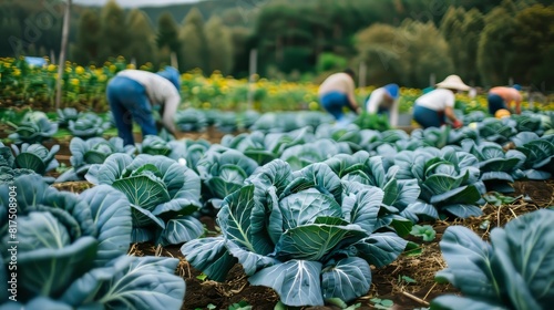 Farmers harvesting cabbage in a lush field surrounded by rows of healthy, green cabbage heads Generative AI