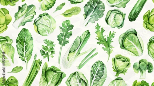 Watercolor pattern featuring various green vegetables on a white background