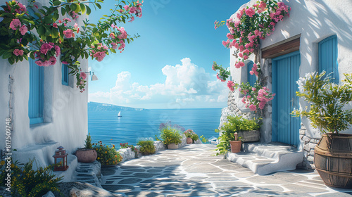 Picturesque stock image of a product podium positioned in a quaint Greek island village setting, displaying the unique architecture and serene Aegean Sea views, perfect for lifestyle and travelthemed