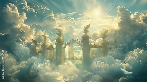  A common depiction of the afterlife in many religions, often portrayed as a serene and peaceful paradise with clouds, angels, and golden gates 