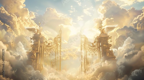  A common depiction of the afterlife in many religions, often portrayed as a serene and peaceful paradise with clouds, angels, and golden gates 