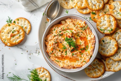 Smoked salmon dip in bowl, on platter with crackers