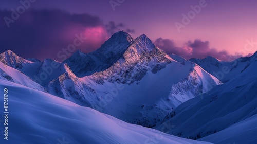 A mountain range at twilight, peaks dusted with snow against a backdrop of a darkening sky, the last light casting a purple hue on the snow. 32k, full ultra HD, high resolution