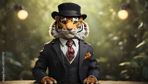 In a whimsical setting, a Cartoon cute tiger dons a dapper suit, complete with a bowler hat perched jauntily atop its head. 