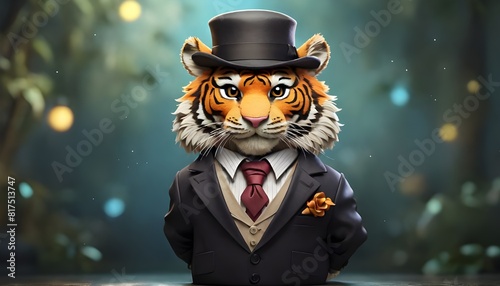 In a whimsical setting, a Cartoon cute tiger dons a dapper suit, complete with a bowler hat perched jauntily atop its head. 