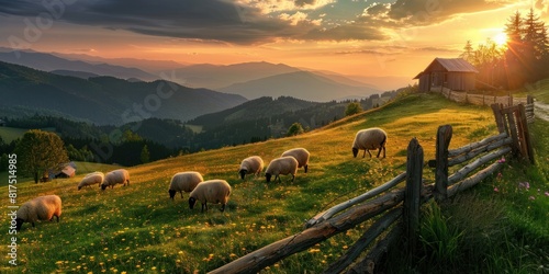Eco friendly natural organic farm with a flock of sheep grazing on the grassy hill in the mountains, near a rustic wooden fence at sunset. A shepherd's dream and rural life concept.