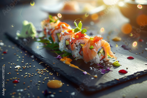 Sushi masterpiece, vibrant colors, sushi rolls, sashimi slices, garnished with delicate herbs and sauces, displayed on a sleek black slate Photography, backlighting, Lens Flare