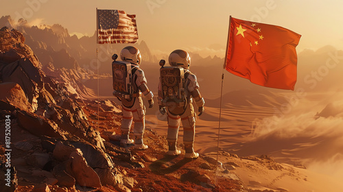 Astronauts from the United States and China stand together on a Martian landscape at sunset, symbolizing cooperation in space exploration