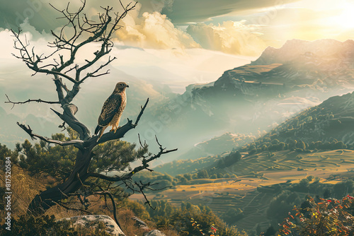 A hawk perches on a tree branch, its sharp eyes scanning a sunlit mountainous landscape with terraces and lush greenery.