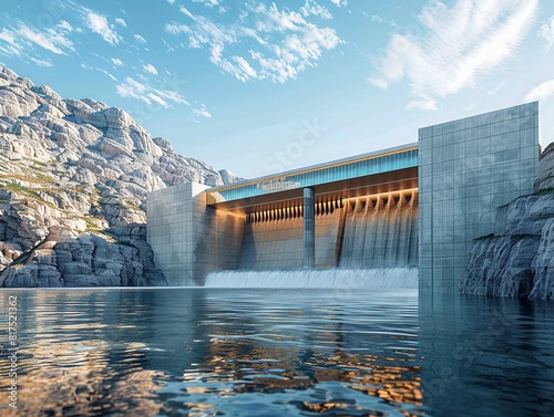 A hydroelectric dam harnesses the power of a flowing mountain river creating a vast lake