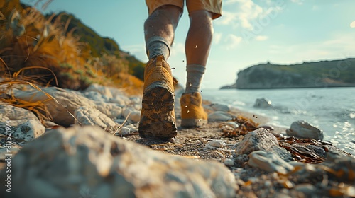 Hiker Walking Along Rocky Coastal Trail,Close-up of a hiker's feet walking along a rocky coastal trail, with the sea and distant cliffs in the background.