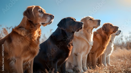 Perfectly Aligned Pack of Obedient Canine Companions at Sunset in Nature