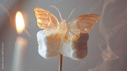 A marshmallow is shaped like a butterfly and is sitting on a stick. The image has a warm and cozy feeling, as the marshmallow is being held by a candle