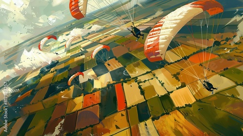 Illustration of multiple parachutists in free fall over a colorful patchwork of agricultural fields, 