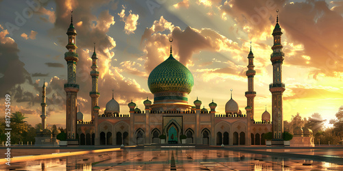 Mosque Eid Mubarak Eid ul fitr night Eid ul Adha. A mosque is shown with a bright blue sky