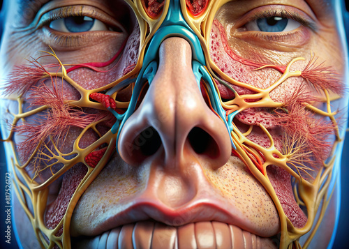Close-up image of human nostrils, capturing the intricate structure and textures of the nasal passages.