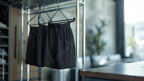 sleek cycling shorts in performance fabric, hanging on a chrome clothing rack in a modern cycling studio, ready to provide comfort and support for indoor cycling enthusiasts during intense spin class