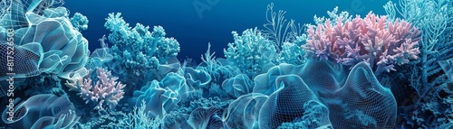 An intricate and detailed 3D rendering of an underwater coral reef