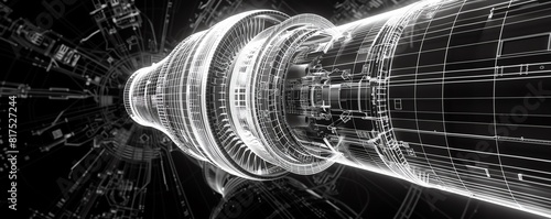 3D rendering of a jet engine. The engine is made of metal and has a complex structure. The engine is used to power aircraft.