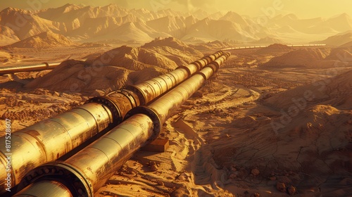 A long pipeline is shown in a desert landscape