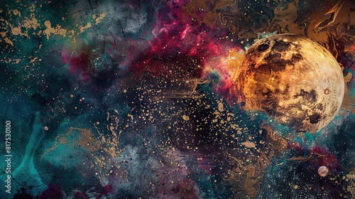 Create a mixed media artwork inspired by astrophysics watercolor