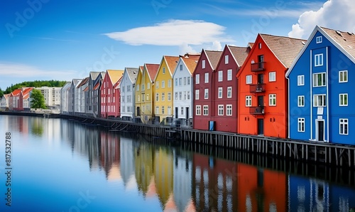 Colorful houses in the port of Trondheim, Norway.