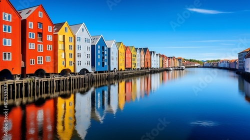 Colorful houses over water in Trondheim city.