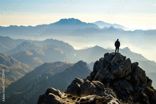 A breathtaking mountain landscape with a hiker standing at the peak, back turned to the camera.