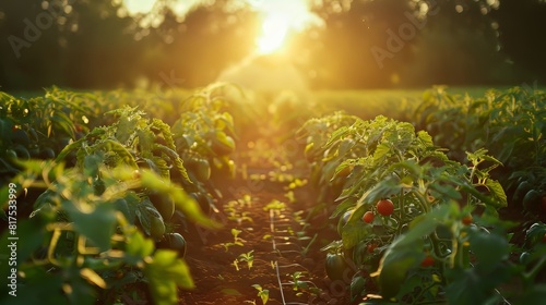 Tomato farm at sunset with warm, golden light casting a gentle glow over the rows of healthy tomato plants --ar 16:9 --stylize 250 Job ID: e7281325-dbad-45c9-9161-9c9ead9bd7f7