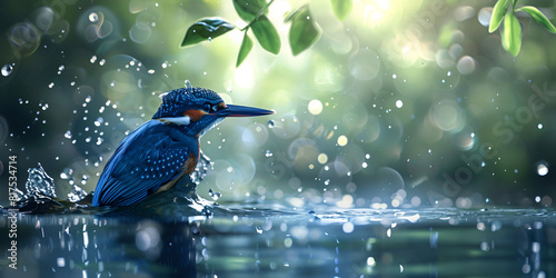 A beautiful colorful bird is sitting on a tree branch. A bird is sitting in the rain with water droplets on it.