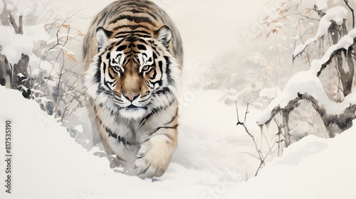 illustration of Chinese painting ink painting bottom-up view tiger, Generative ai