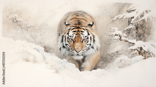 illustration of Chinese painting ink painting bottom-up view tiger, Generative ai