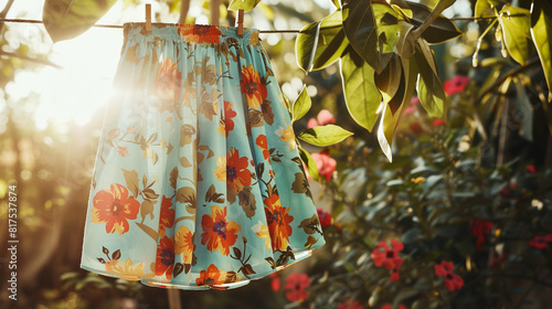 A chic midi skirt in a vibrant floral print, swaying gently in the breeze as it hangs on a clothesline in a sun-drenched garden, epitomizing effortless femininity