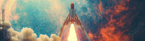 Amidst a backdrop of minimalist hues, a woman's hand reaches upward, cradling a space rocket as it blasts off into the unknown. This captivating image symbolizes the power of human endeavor, the