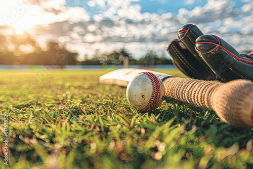 Cricket ball, bat, and gloves meticulously laid out on the field, poised for an exciting match