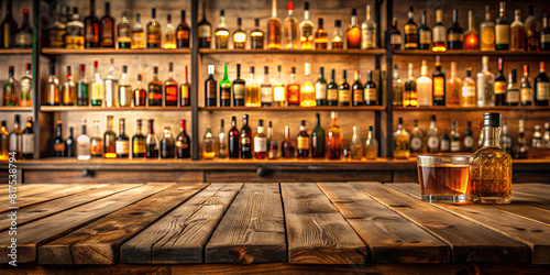 Liquor bar background in softfocus with woonden table top