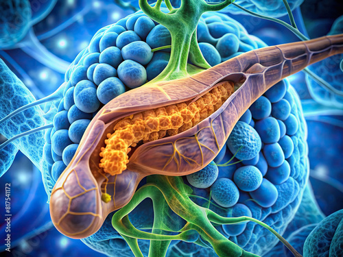 Macro image of human pancreas, emphasizing islets of Langerhans and insulin production 
