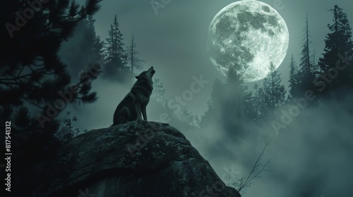 Howling Wolf Dark Background. Full Moon and the Wilderness.