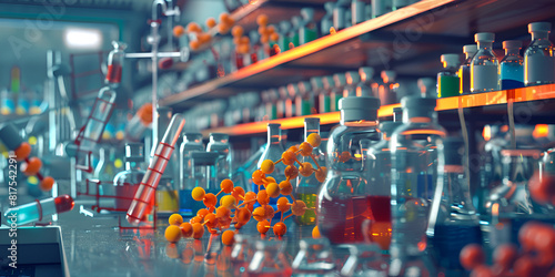 Chemistry lab with colorful liquids scientific research. A photo of a chemistry lab with lab equipment, Chemistry lab with bubbling test tubes and beakers