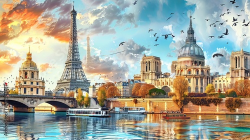 Advertisement - podium photo showcasing travel in France, including the Eiffel Tower, Pont du Gard, Amphitheatre of Nîmes, and the Louvre Museum in color