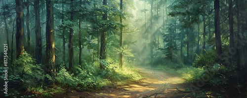 A beautiful painting of a lush green forest with sunlight streaming through the trees. The path leading into the forest is inviting and mysterious.