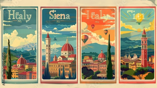 Set of "Italy" Travel Destination Posters in retro style. "Siena", "Tuscany" digital prints. European summer vacation, holidays concept. Vintage vector colorful illustrations.