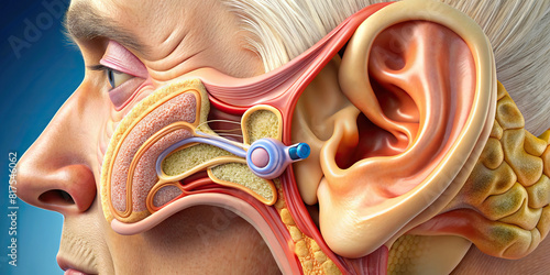 Detailed view of human ears, focusing on earlobes, eardrums, and ear canal anatomy.