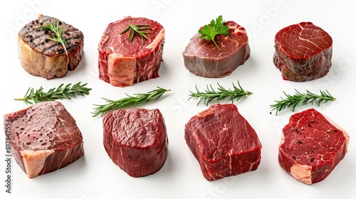 Premium steak cuts in detailed close-up, emphasizing their unique characteristics and suitability for different flavor profiles and cooking methods, isolated background